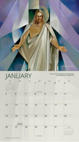 January page of ‘Christ Divine’ 2025 calendar showcasing a geometric portrayal of Christ with scripture from Matthew 11:28.