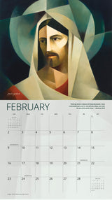 February page of ‘Christ Divine’ 2025 calendar featuring abstract portrait of Christ by Jorge Cocco with scripture quote.