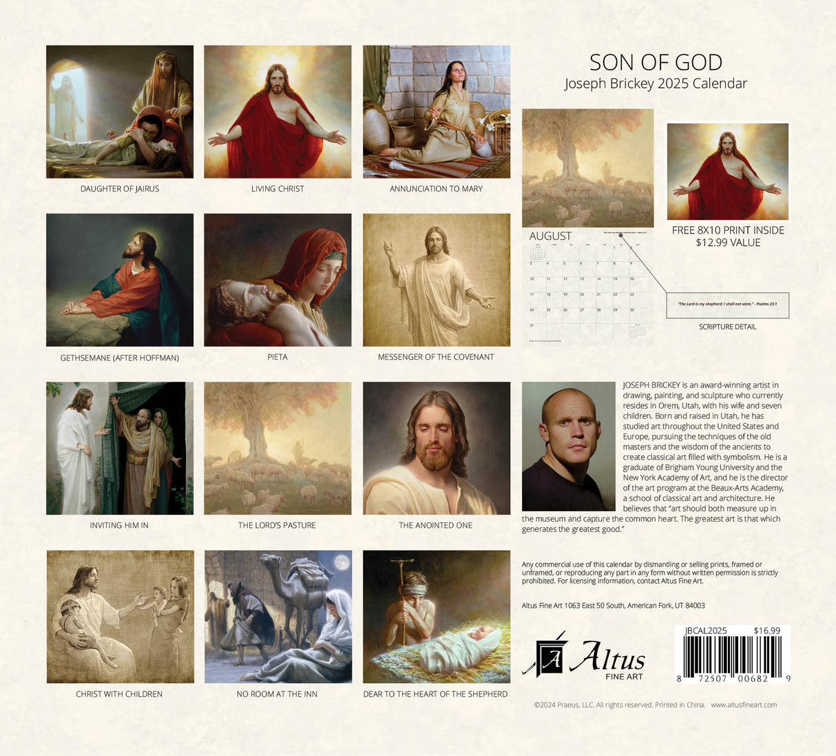 Son of God’ 2025 calendar back cover , showcasing various religious artwork including Jesus and Biblical scenes.