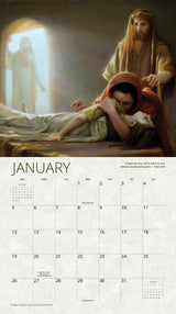 January 2025 calendar page featuring painting ‘Daughter of Jairus’ depicting Jesus entering a room to perform a healing, surrounded by distressed parents and a young girl.