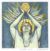 A figure with wings on their arms and a halo holding up a yellow shape.