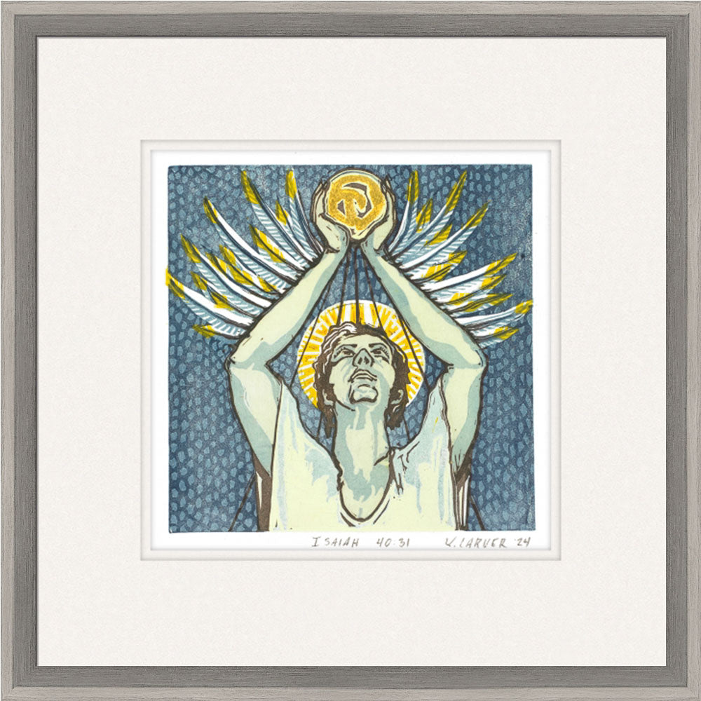 Framed artwork of a woman holding a sun above her head with wings, on a blue patterned background.