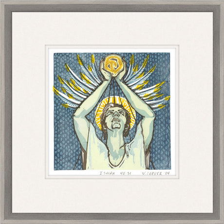 Framed artwork of a woman holding a sun above her head with wings, on a blue patterned background.