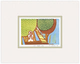 Framed artwork of a colorful abstract design with text on a white background