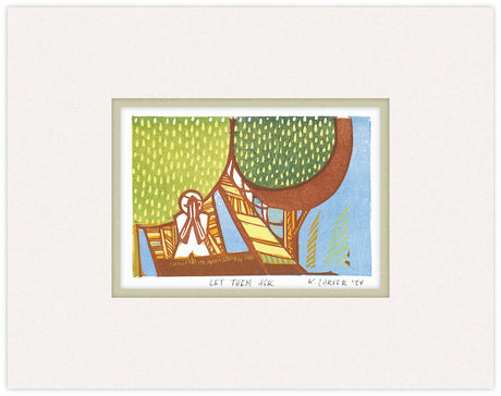 Framed artwork of a colorful abstract design with text on a white background