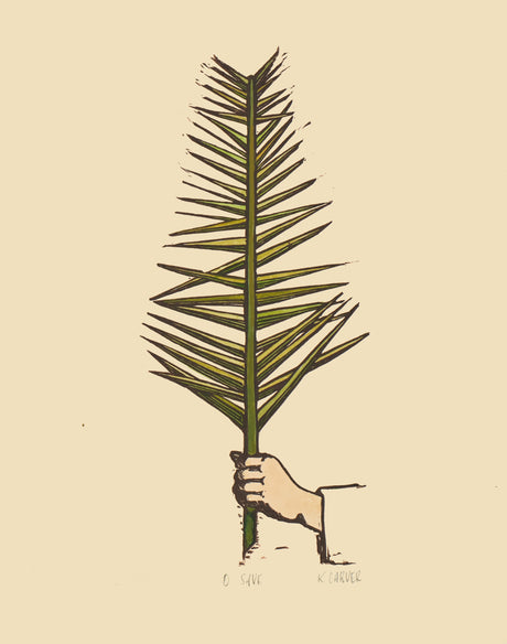 Illustration of a hand holding a palm leaf against a beige background