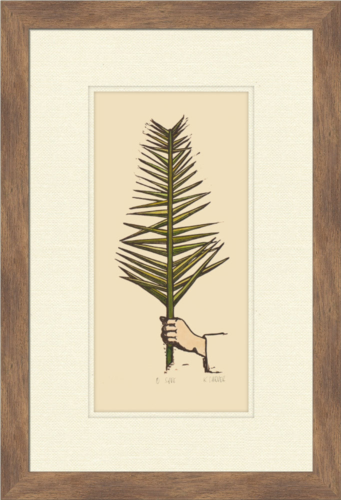 Framed artwork of a hand holding a palm leaf on a beige background