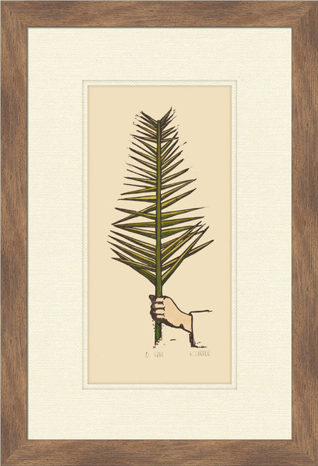 Framed artwork of a hand holding a palm leaf on a beige background