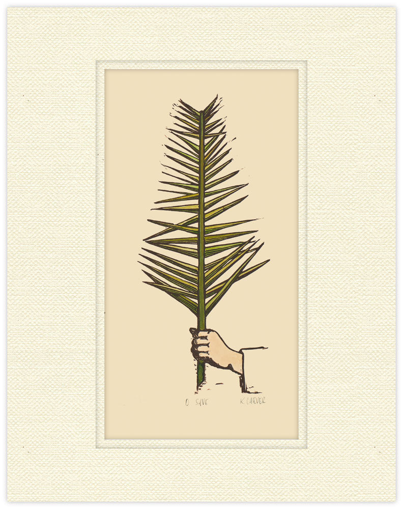 Framed botanical illustration of a palm leaf on a beige background