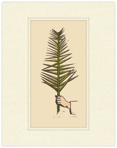 Framed botanical illustration of a palm leaf on a beige background