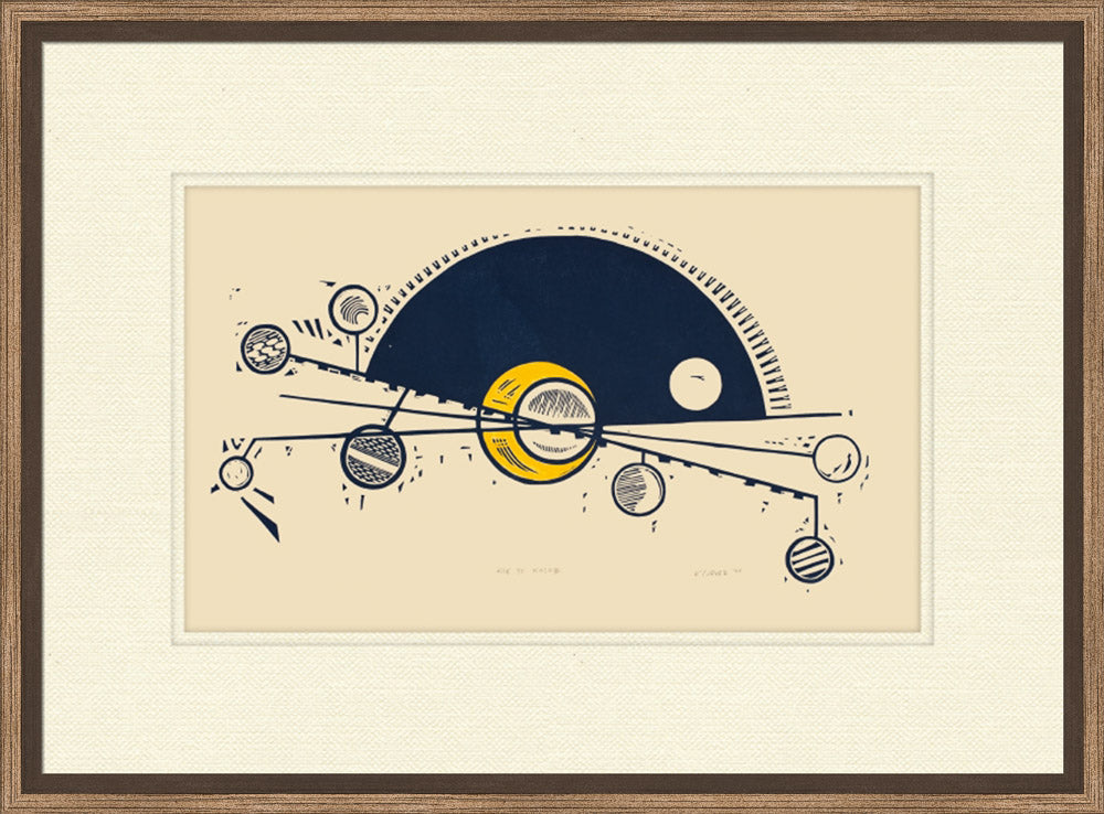 Framed artwork of a stylized celestial design with planets and a star on a beige background.