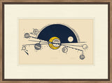 Framed artwork of a stylized celestial design with planets and a star on a beige background.