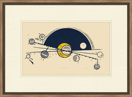 Framed artwork of a stylized celestial design with planets and a star on a beige background.