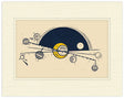 Framed artwork of a stylized celestial design with geometric shapes on a beige background