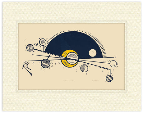 Framed artwork of a stylized celestial design with geometric shapes on a beige background