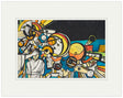 Abstract artwork with geometric shapes and figures on a white background