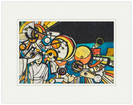 Abstract artwork with geometric shapes and figures on a white background