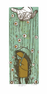 An abstract image of things raining from a hand over a person with an umbrella.