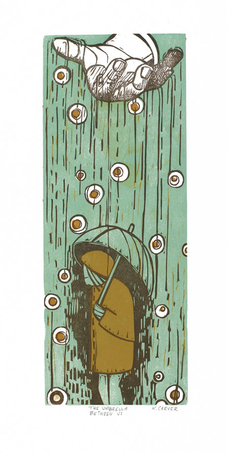 An abstract image of things raining from a hand over a person with an umbrella.