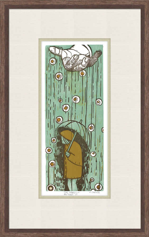 Framed artwork of a stylized illustration with a person and a bird on a green background.