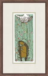 Framed artwork of a stylized illustration with a person and a bird on a green background.