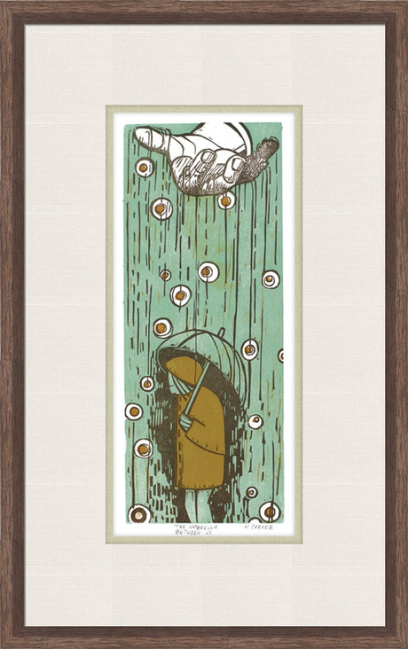 Framed artwork of a stylized illustration with a person and a bird on a green background.