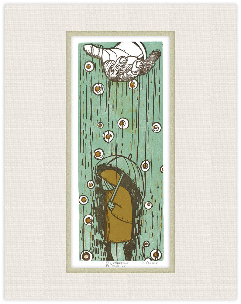 Illustration of a person with an umbrella walking in the rain, framed on a white background.