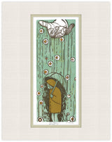 Illustration of a person with an umbrella walking in the rain, framed on a white background.