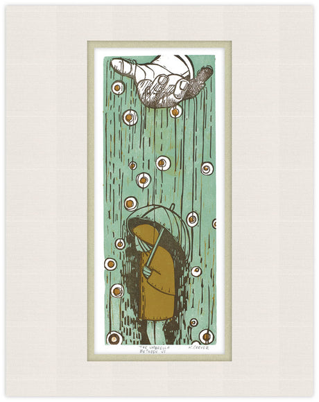 Illustration of a person with an umbrella walking in the rain, framed on a white background.