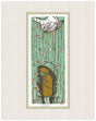 Illustration of a person with an umbrella walking in the rain, framed on a white background.