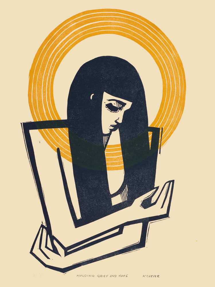 Illustration of a woman looking into a mirror with an orange halo on a beige background
