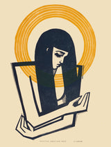 Illustration of a woman looking into a mirror with an orange halo on a beige background