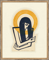 Framed artwork of a stylized portrait with a yellow halo on a beige background