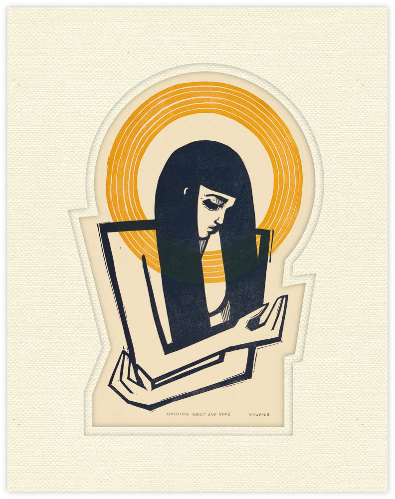 Artistic depiction of a woman holding a mirror with a stylized design on a beige background