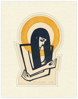 Artistic depiction of a woman holding a mirror with a stylized design on a beige background