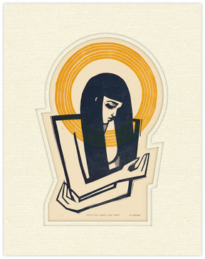 Artistic depiction of a woman holding a mirror with a stylized design on a beige background