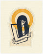 Artistic depiction of a woman holding a mirror with a stylized design on a beige background