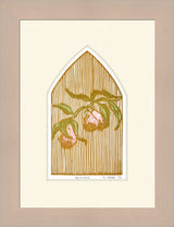 Framed artwork of a stylized illustration of peaches on a branch with a geometric background.