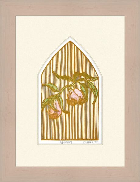 Framed artwork of a stylized illustration of peaches on a branch with a geometric background.
