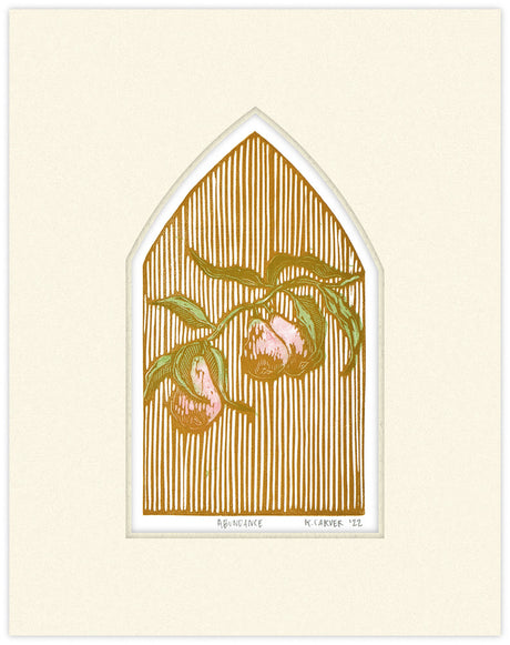 Decorative print with a stylized floral design in a window frame on a beige background