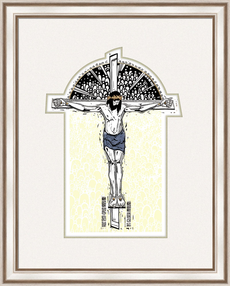 Framed artwork of a crucifixion scene with a decorative border.
