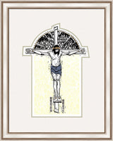 Framed artwork of a crucifixion scene with a decorative border.