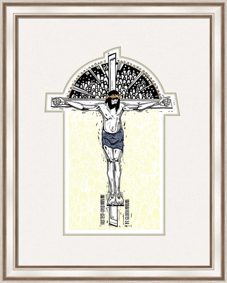 Framed artwork of a crucifixion scene with a decorative border.