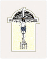 Illustration of a crucifixion scene with a stylized background