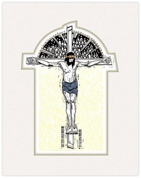 Illustration of a crucifixion scene with a stylized background