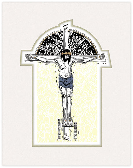 Illustration of a crucifixion scene with a stylized background