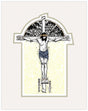 Illustration of a crucifixion scene with a stylized background