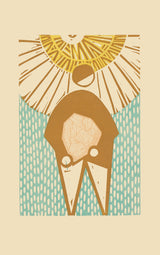 A figure holding something with a sun shape above.