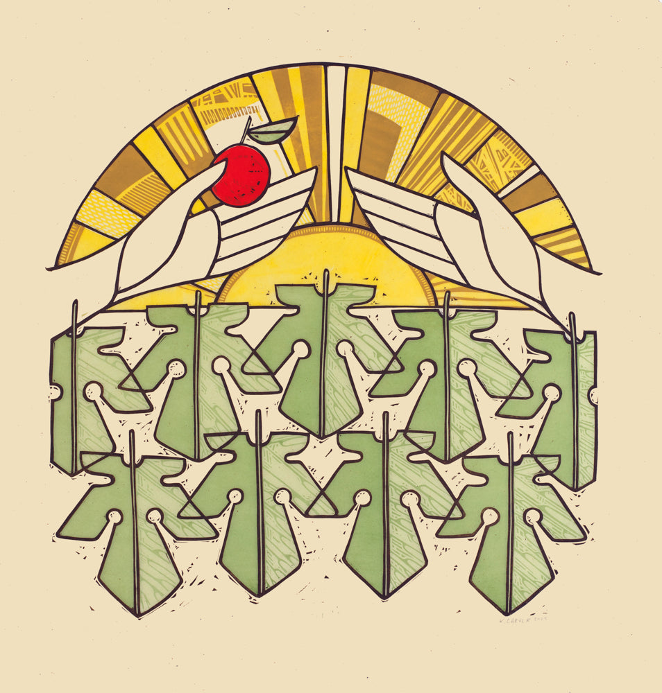 A hand passing a fruit on to another hand in front of a sun with fig leaves below.