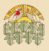 A hand passing a fruit on to another hand in front of a sun with fig leaves below.